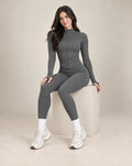 Women's dark gray zip-up yoga jacket and leggings set