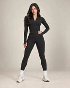 Women's advanced black zip-up yoga jacket and leggings set with white ankle panels