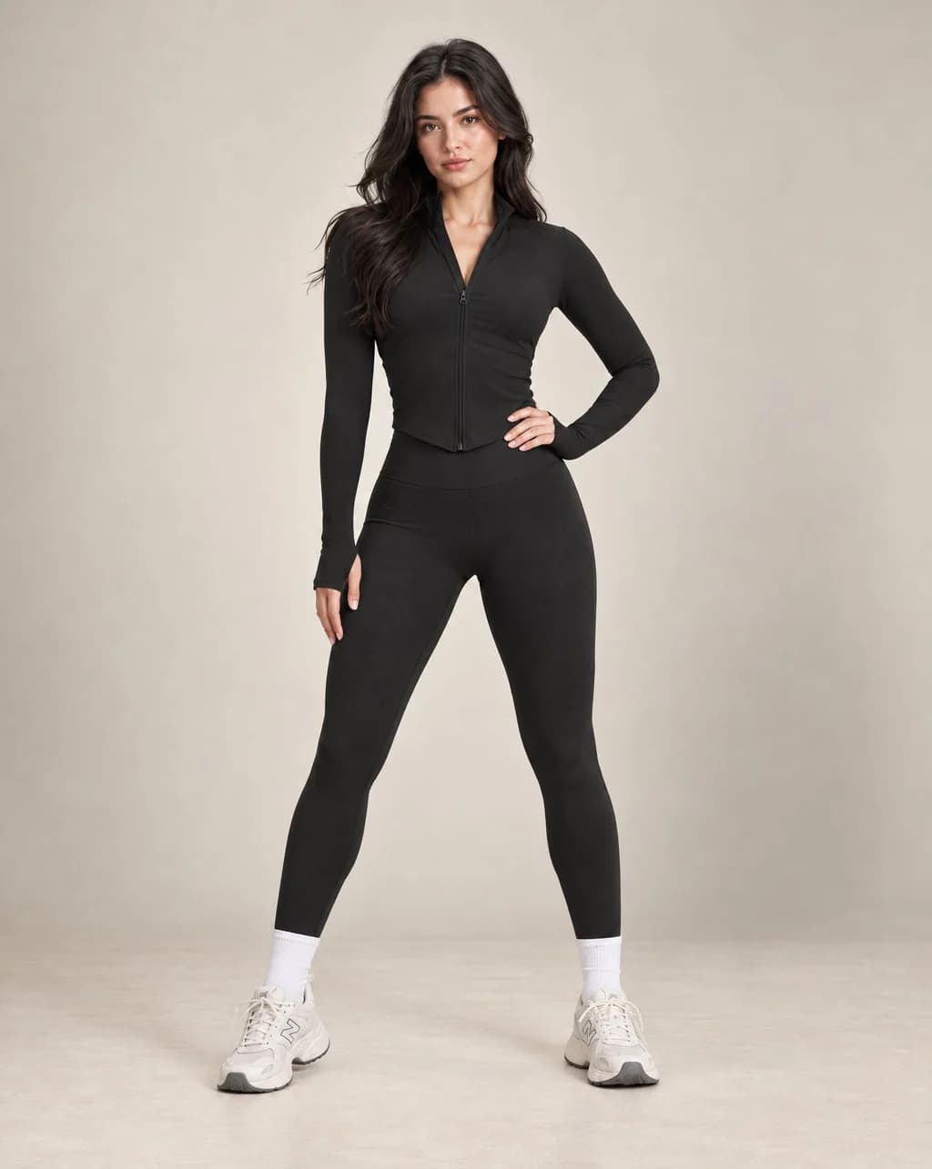 Women's advanced black zip-up yoga jacket and leggings set with white ankle panels
