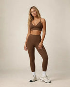 Deep coffee sports bra and high-waist leggings set with ankle length and white socks