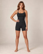 Ribbed thin-strap yoga tank top and matching biker shorts, black