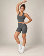High-waist seamless workout shorts, charcoal gray, fitted biker length