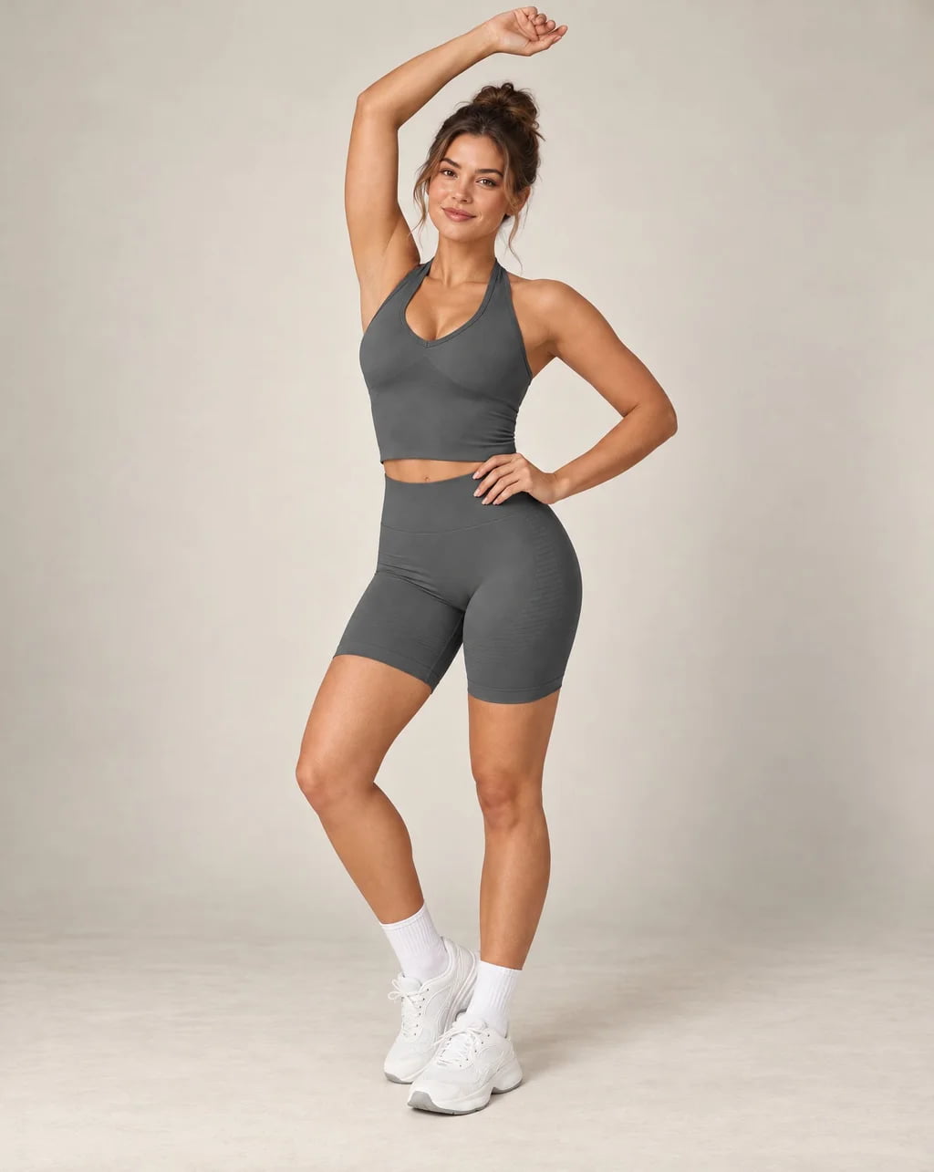 High-waist seamless workout shorts, charcoal gray, fitted biker length