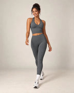 Women’s halter top and leggings active set in dark gray with contrast ankle cuffs