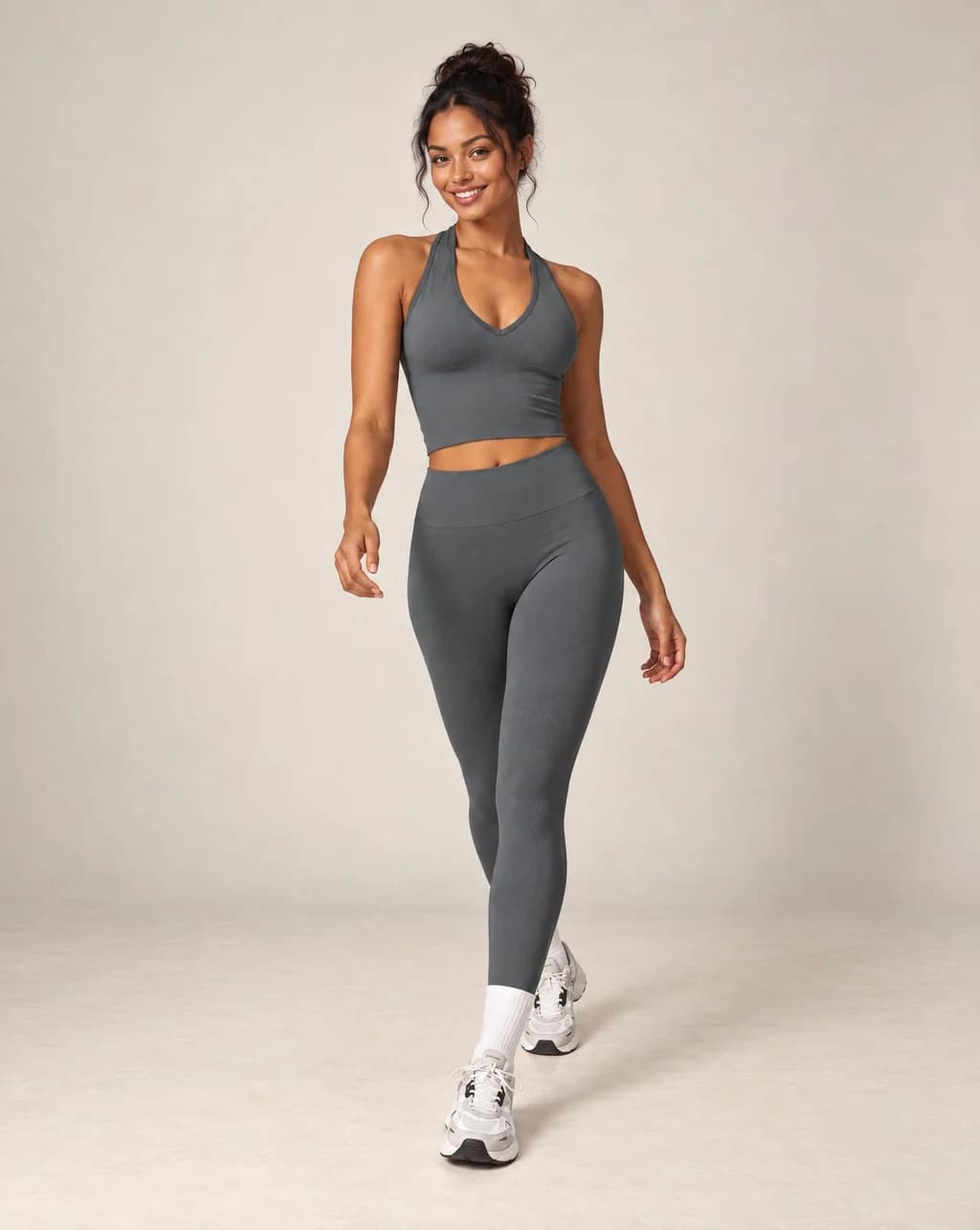 Women’s halter top and leggings active set in dark gray with contrast ankle cuffs