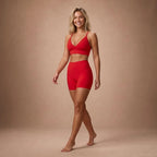 Bright red V-neck sports bra and high-waist shorts set
