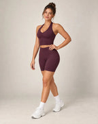 High-waist seamless workout shorts, plum wine red, fitted biker length