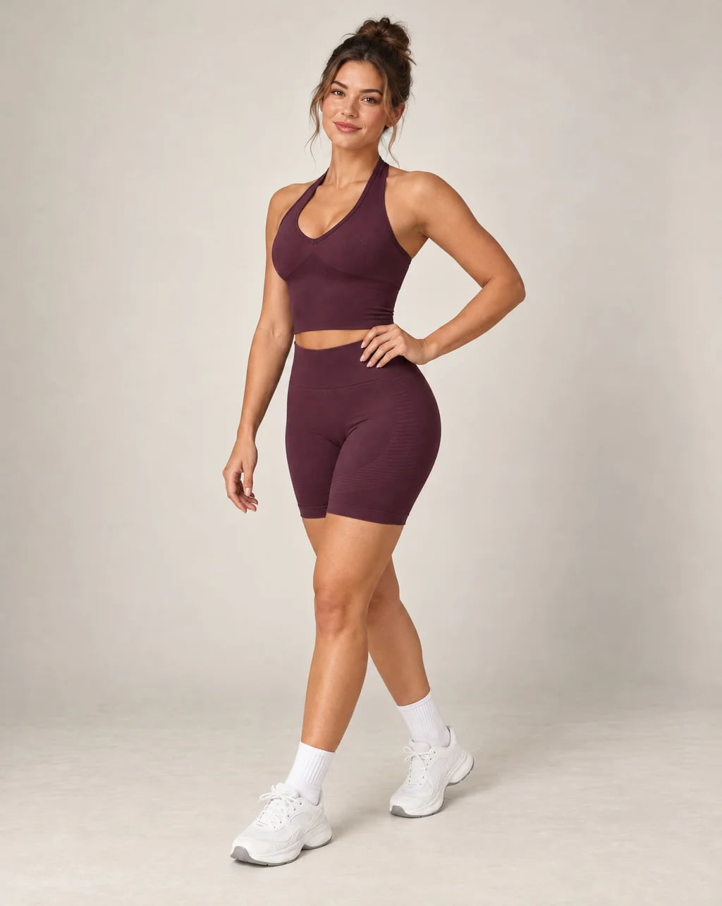 High-waist seamless workout shorts, plum wine red, fitted biker length