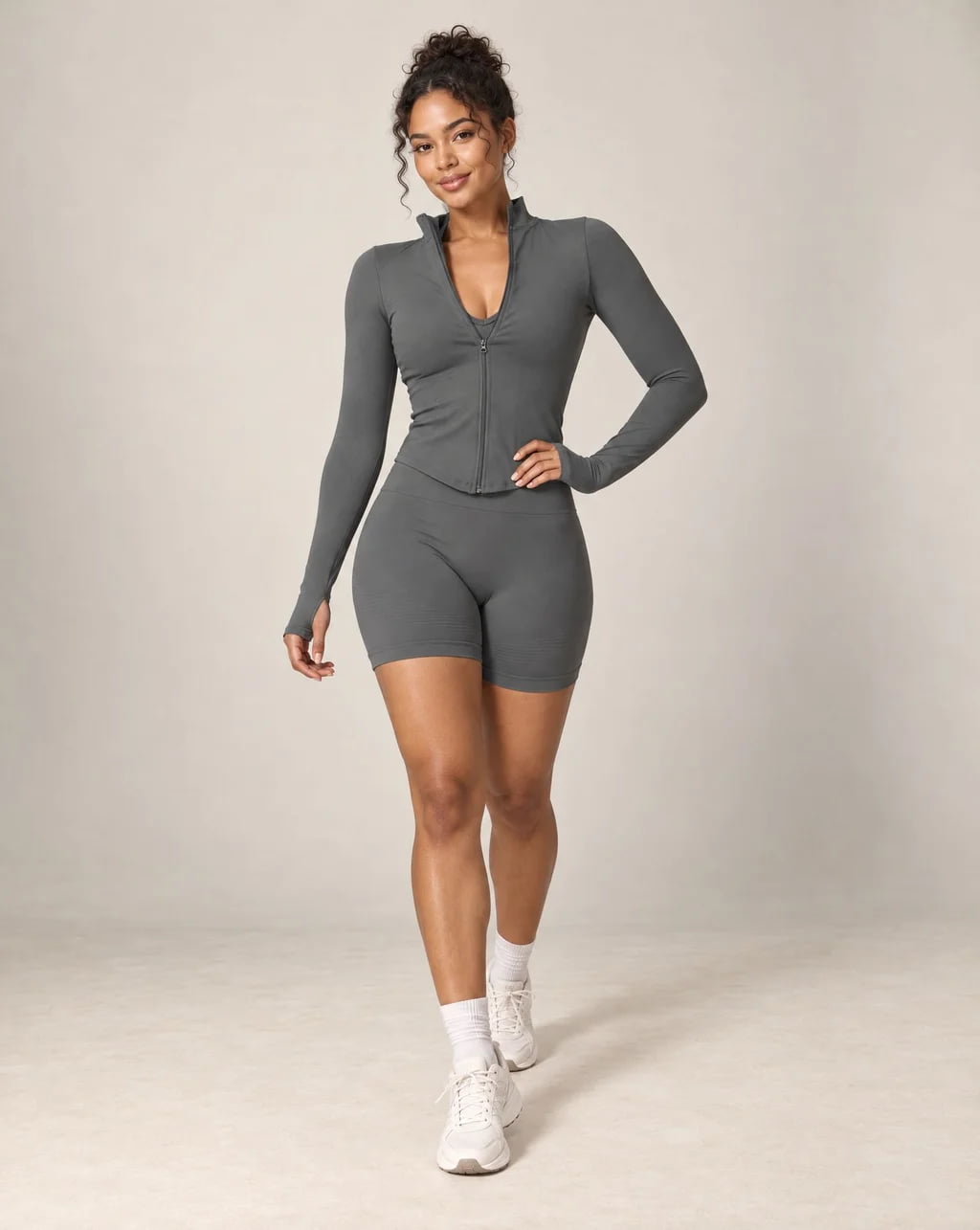 Velyrra Peak long-sleeve fitted zip-up yoga jacket, dark gray with full zipper