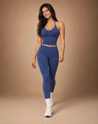 Dark blue ruched halter top and leggings set with slim high-rise leggings