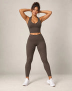 Dark brown V-neck halter longline sports bra with wide underband