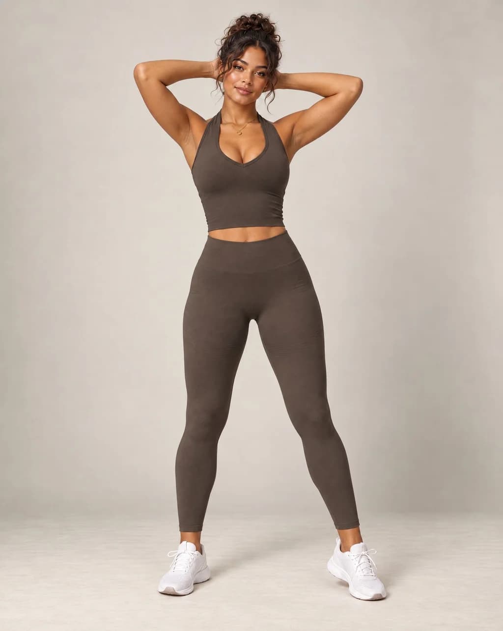 Dark brown V-neck halter longline sports bra with wide underband