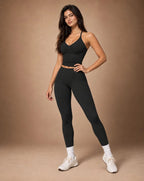 Black ruched halter top and leggings set with fitted crop and high-rise leggings