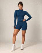 Velyrra Peak long-sleeve fitted zip-up yoga jacket, blue with full zipper