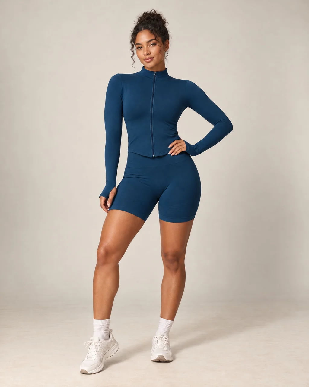 Velyrra Peak long-sleeve fitted zip-up yoga jacket, blue with full zipper