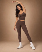Brown ruched halter top and leggings set with slim high-rise leggings
