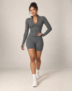 Dark gray stand-collar zip-up yoga jacket with long sleeves and front zipper