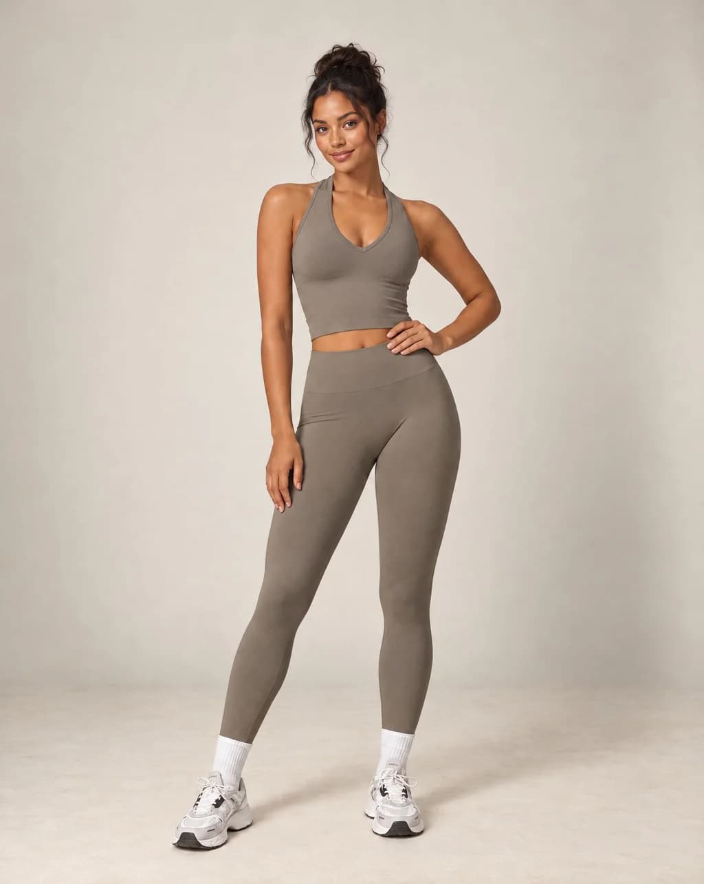Women’s halter top and leggings active set in taupe-brown with contrast ankle cuffs