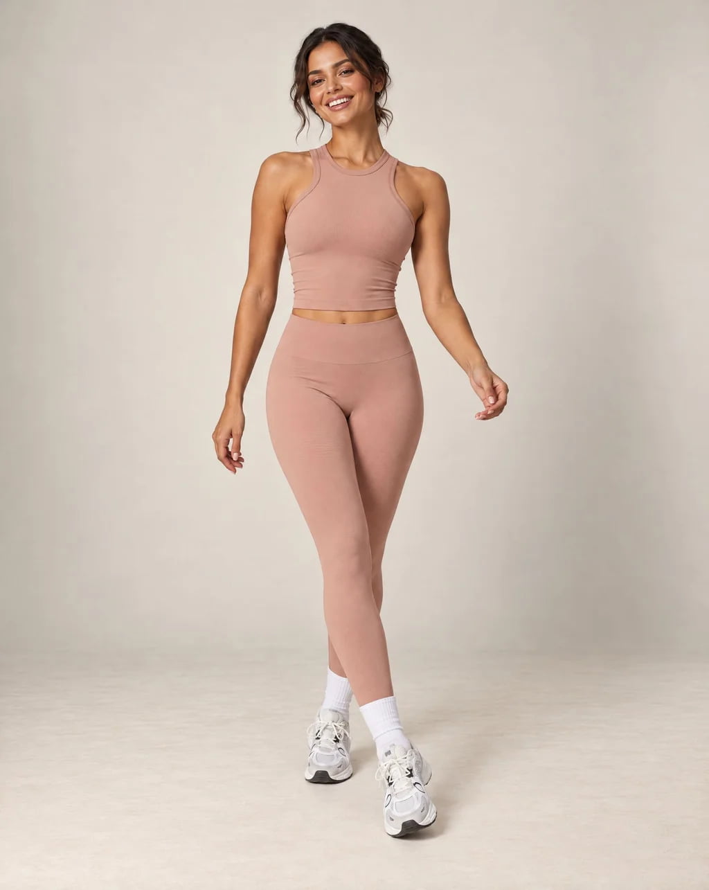 High-waist seamless yoga leggings in soft blush pink with ankle-length legs and snug fit