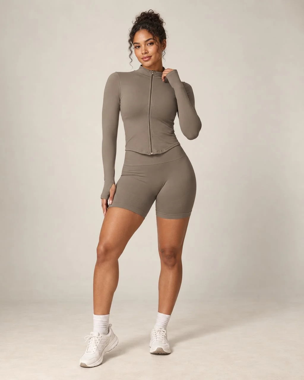 Velyrra Peak long-sleeve fitted zip-up yoga jacket, taupe with full zipper