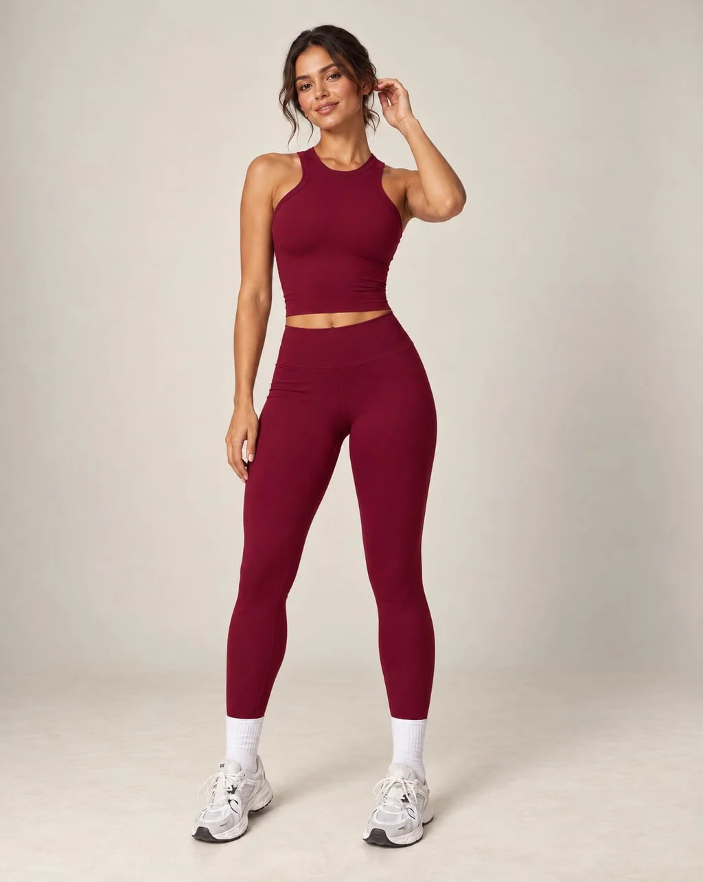 High-waist seamless yoga leggings in cherry red with ankle-length legs and snug fit