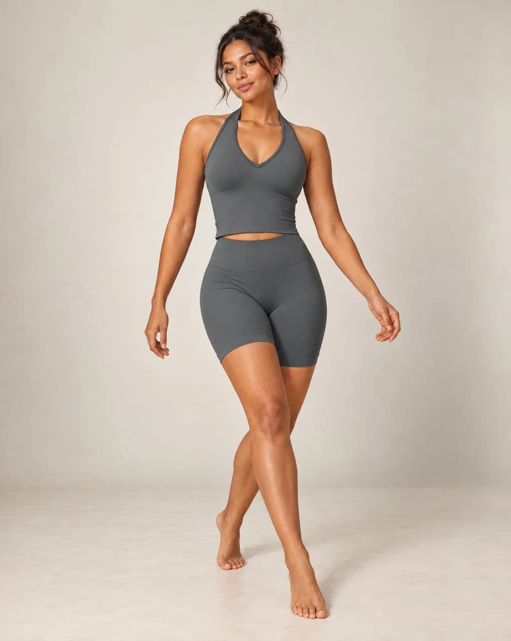 Gray halter yoga crop top with scoop neckline