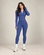 Women's blue zip-up yoga jacket and leggings set