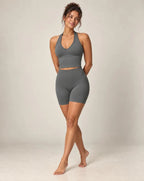 Halter crop top and high-waist shorts set, heather gray