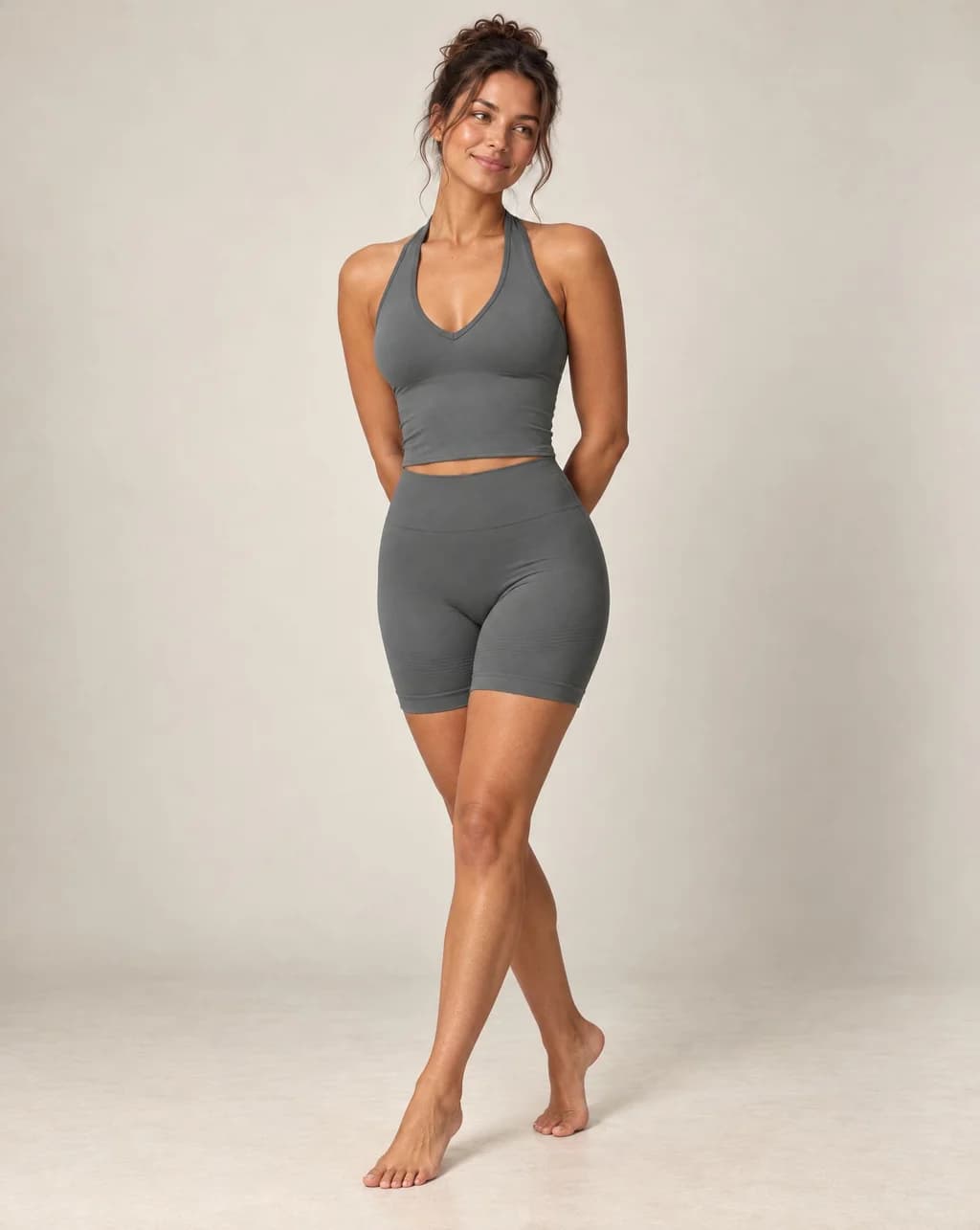 Halter crop top and high-waist shorts set, heather gray