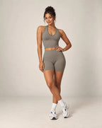 Women’s halter top and shorts active set in taupe-brown with contrast ankle cuffs
