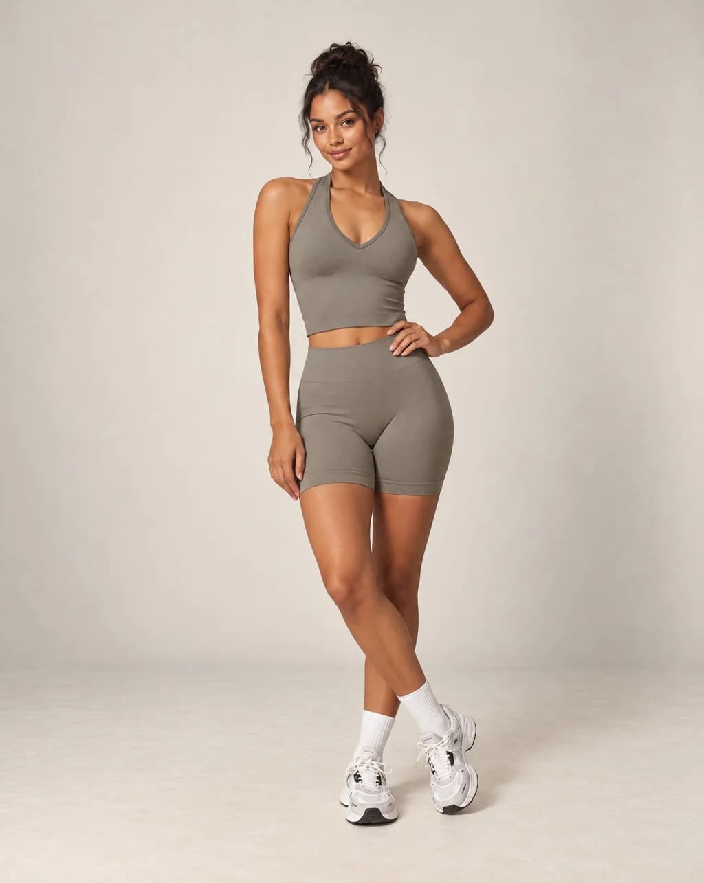 Women’s halter top and shorts active set in taupe-brown with contrast ankle cuffs