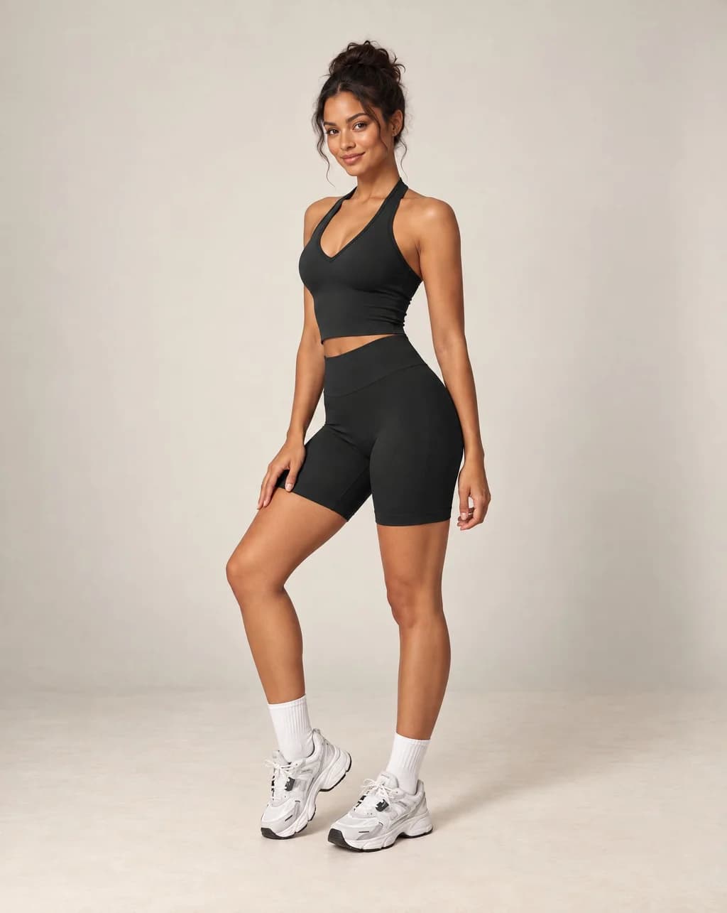 Black halter crop top and biker shorts set, sleeveless athletic fit