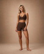 Dark brown V-neck sports bra and high-waist shorts set