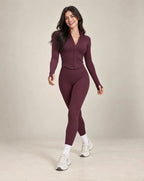 Women's plum wine red zip-up yoga jacket and leggings set
