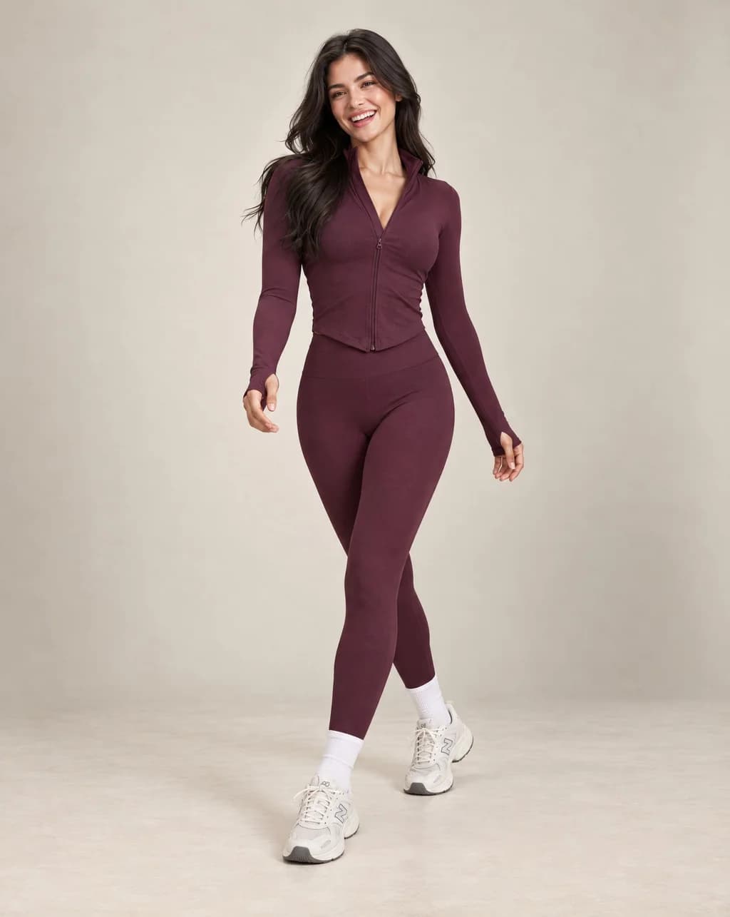 Women's plum wine red zip-up yoga jacket and leggings set