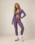 Purple bra and leggings set with matching long-sleeve jacket