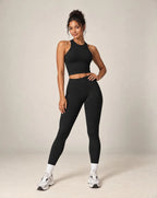 Women’s halter top and leggings active set in black with contrast ankle cuffs