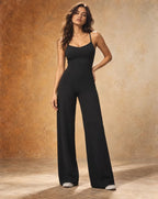 Black thin-strap wide-leg yoga jumpsuit, scoop neckline, fitted bodice