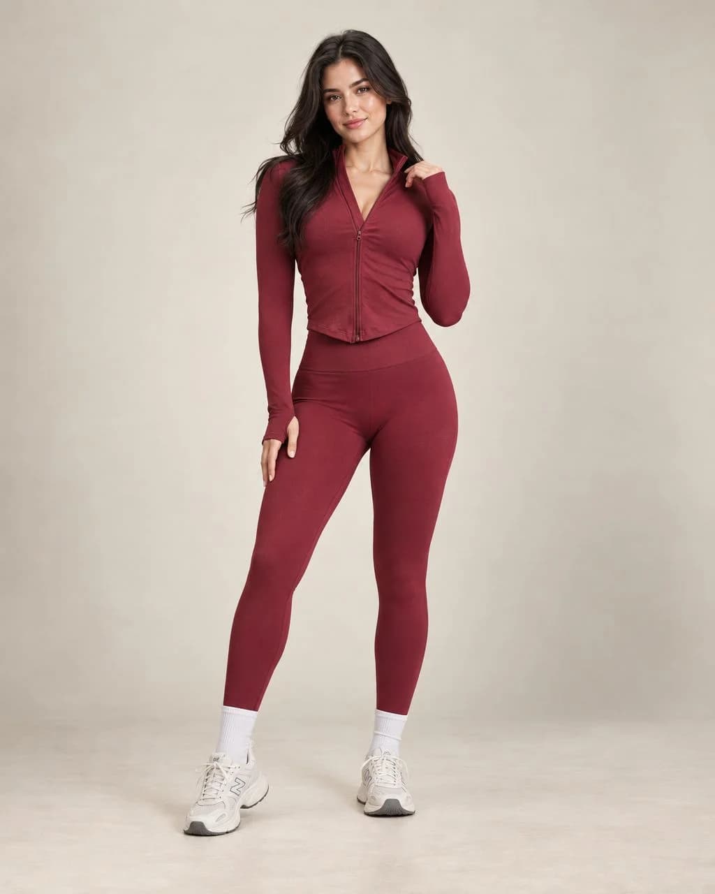 Women's plum wine red zip-up yoga jacket and leggings set