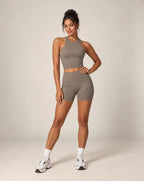Women’s halter top and shorts active set in taupe-brown with contrast ankle cuffs