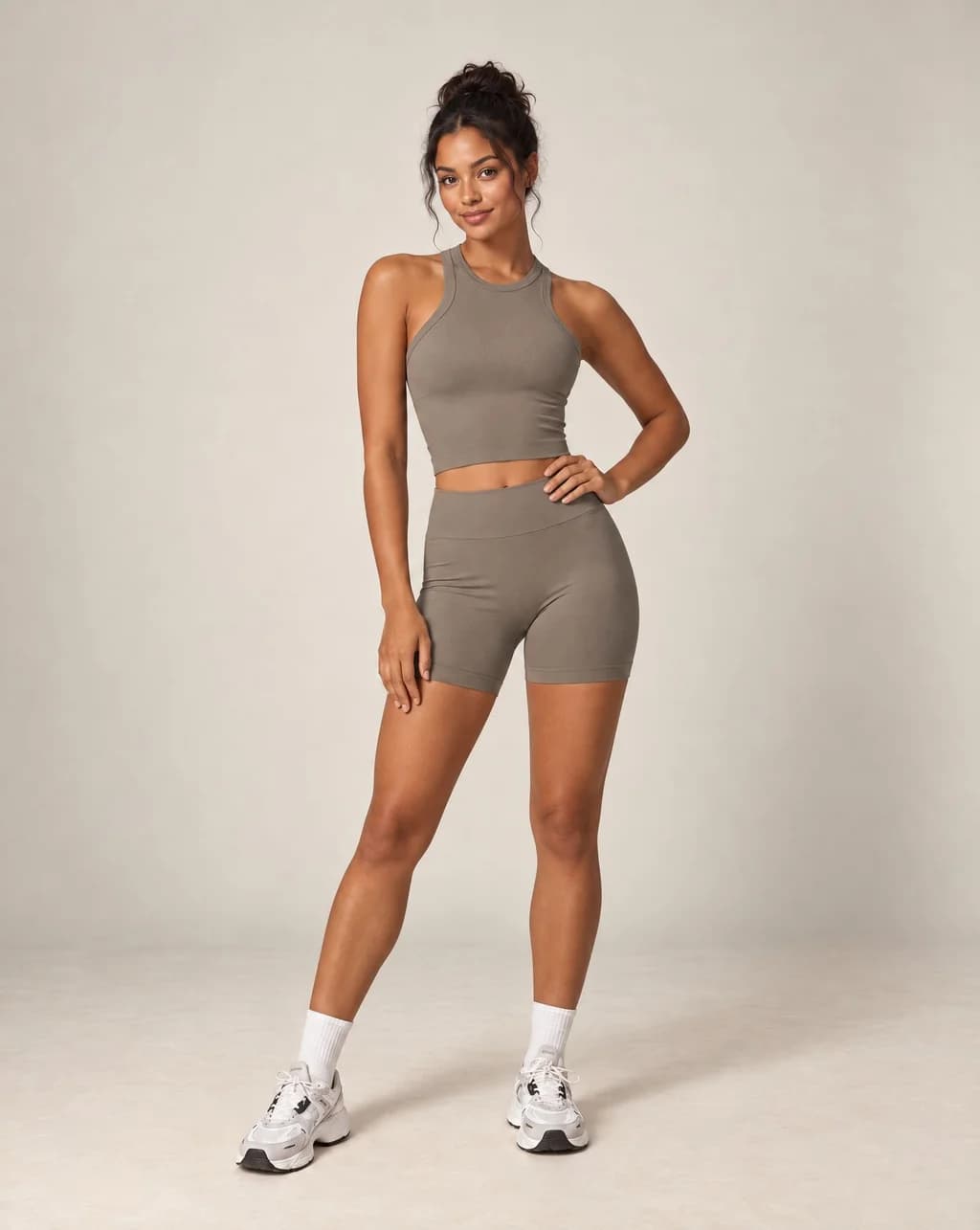 Women’s halter top and shorts active set in taupe-brown with contrast ankle cuffs