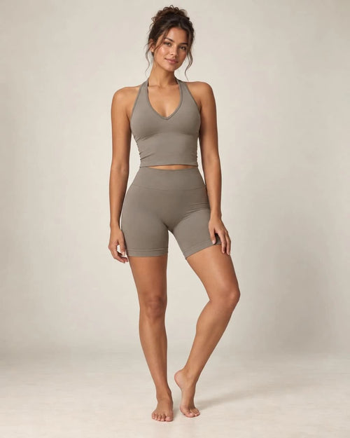 Halter crop top and high-waist shorts set, gray