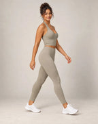 Light gray V-neck halter longline sports bra with wide underband