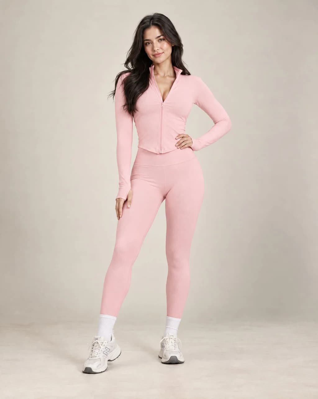 Women's retro pink zip-up yoga jacket and leggings set