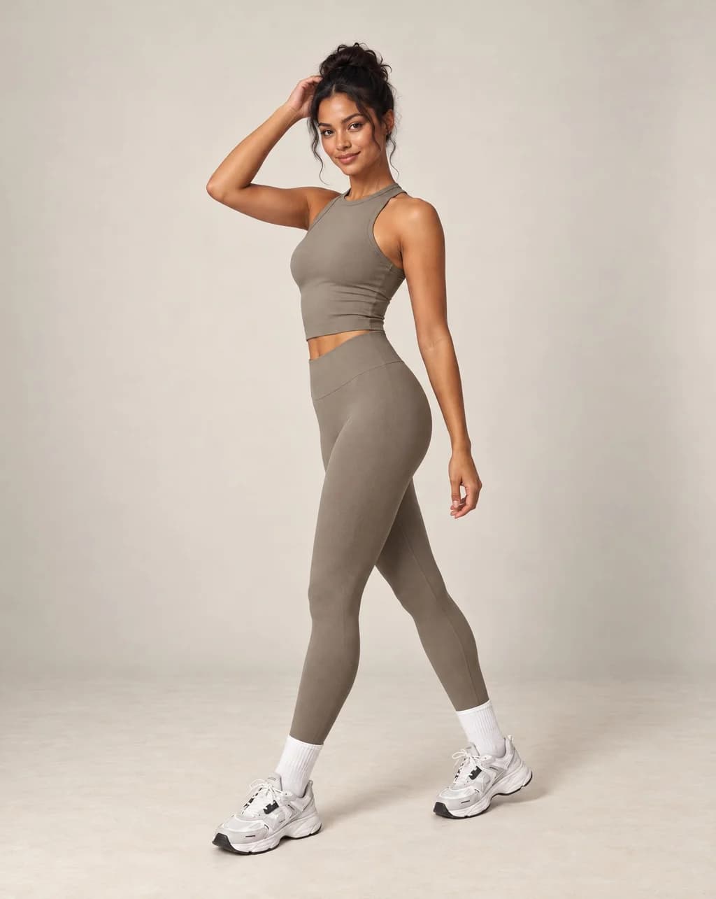 Women’s halter top and leggings active set in taupe-brown with contrast ankle cuffs