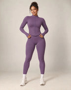 Purple stand-collar zip-up yoga jacket with long sleeves and front zipper
