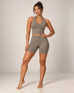 Dark gray halter yoga crop top with scoop neckline