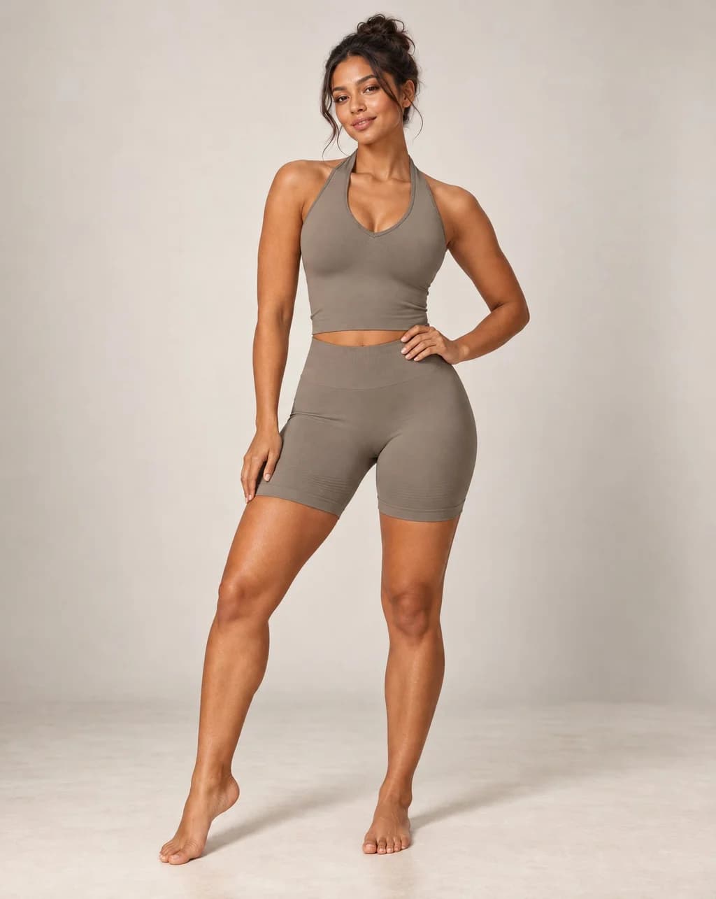 Dark gray halter yoga crop top with scoop neckline