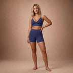 Navy blue V-neck sports bra and high-waist shorts set