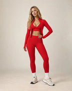 Red bra and leggings set with matching long-sleeve jacket